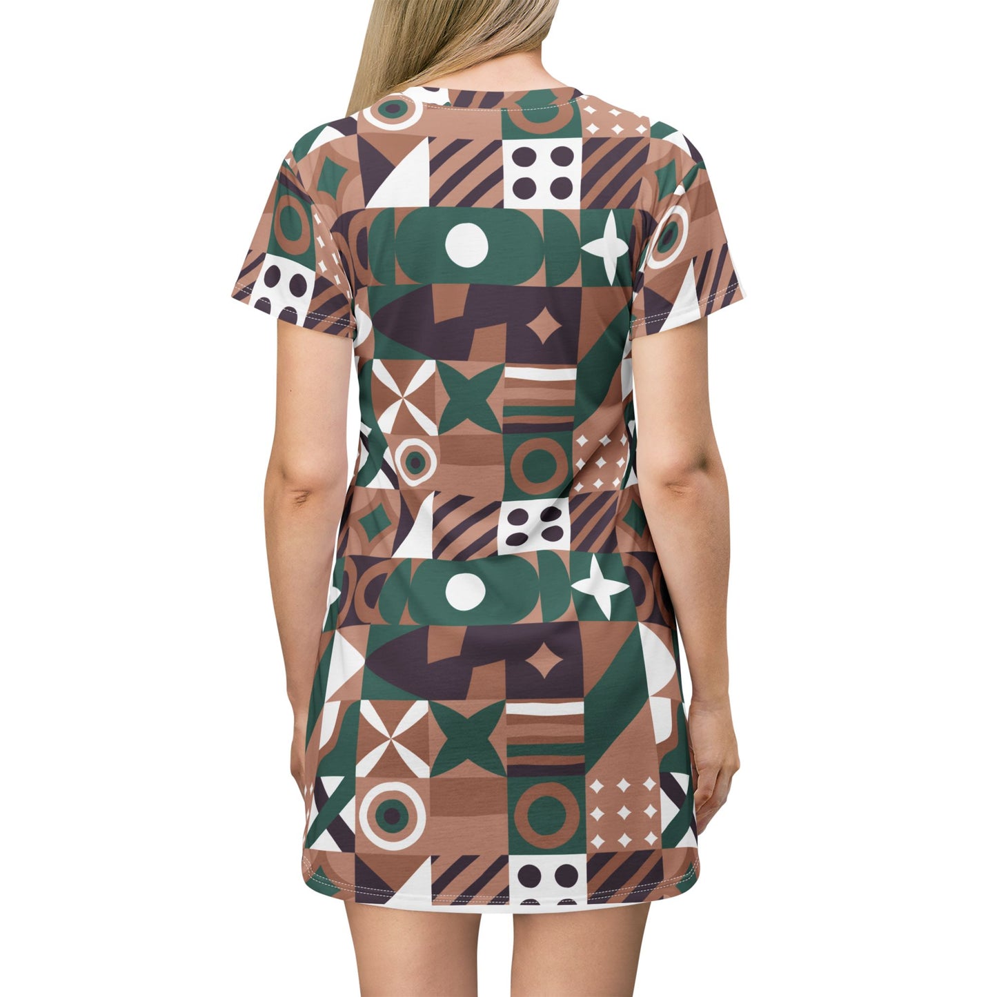 Chieftain Pattern T-Shirt Dress – Retro Earth Tone All-Over Print