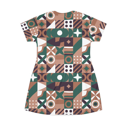 Chieftain Pattern T-Shirt Dress – Retro Earth Tone All-Over Print