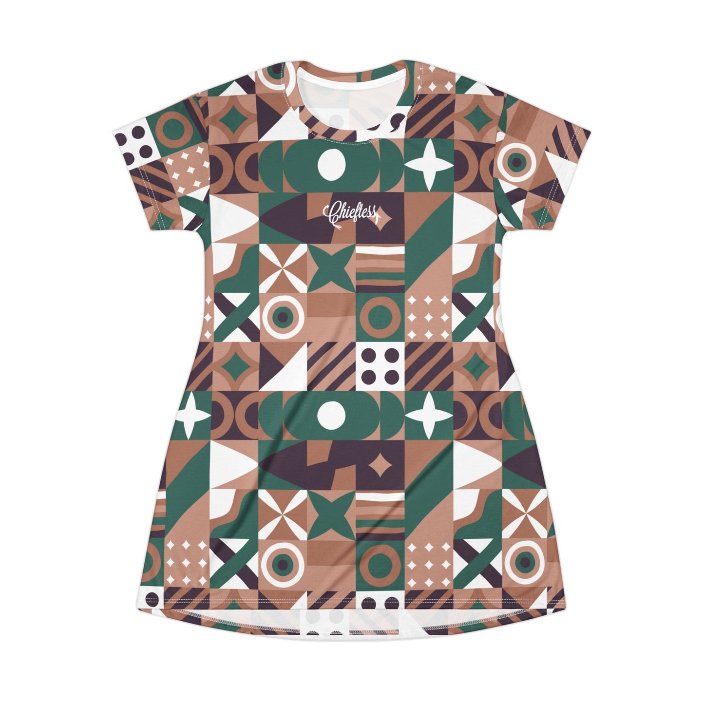 Chieftain Pattern T-Shirt Dress – Retro Earth Tone All-Over Print
