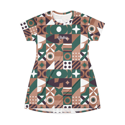 Chieftain Pattern T-Shirt Dress – Retro Earth Tone All-Over Print
