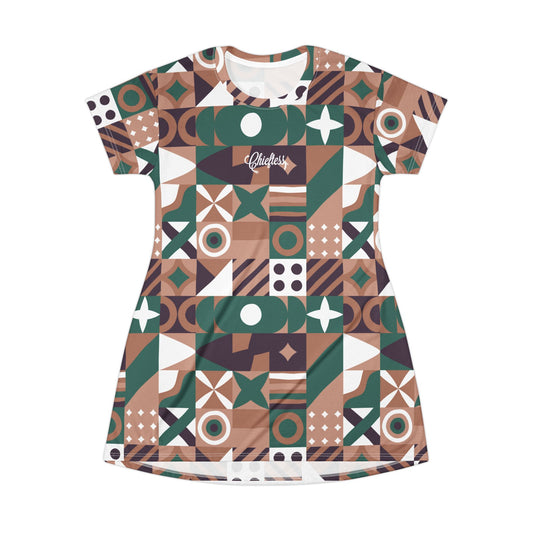 Chieftain Pattern T-Shirt Dress – Retro Earth Tone All-Over Print