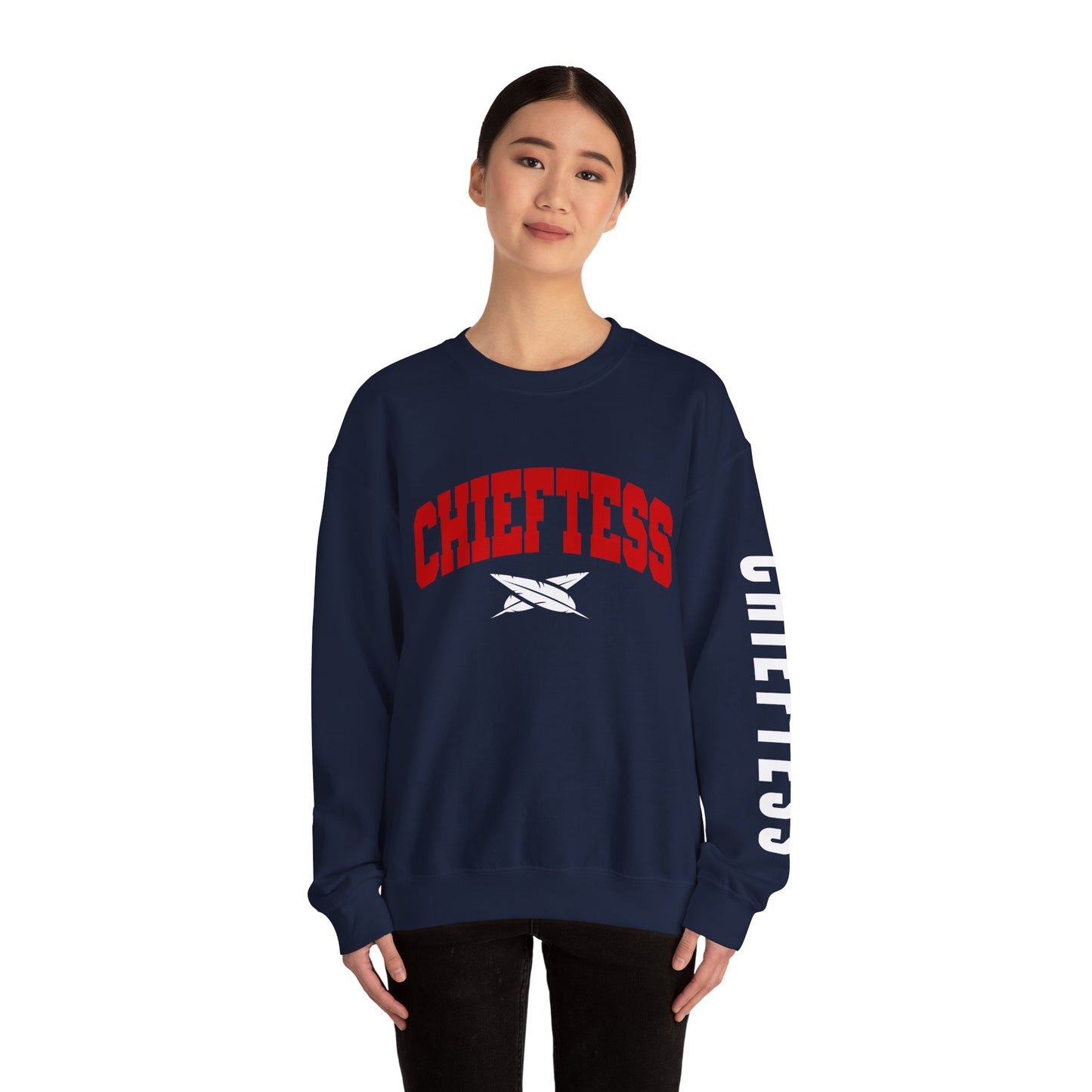Chieftess Crewneck Sweatshirt — Bold Red Collegiate Graphic