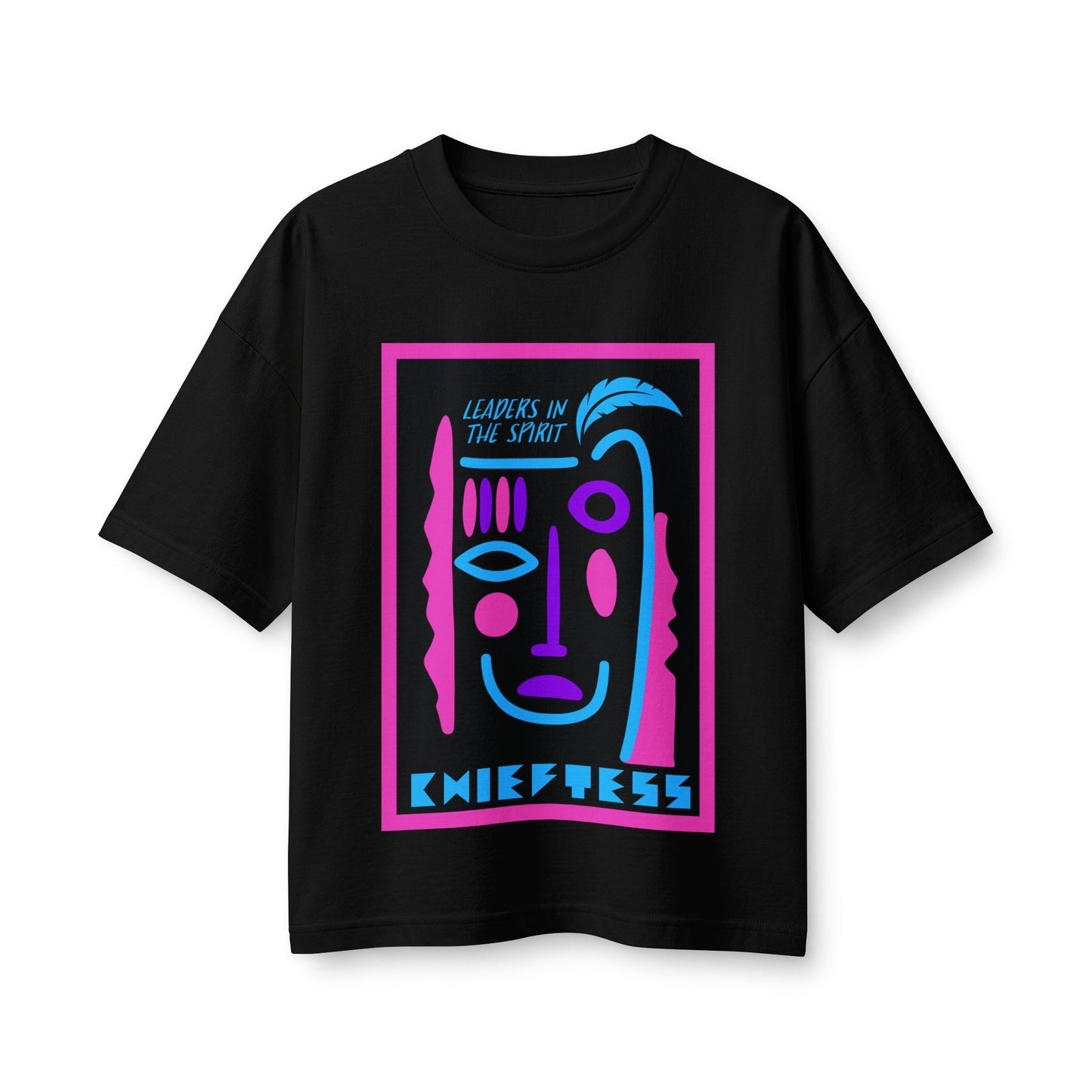 Abstract Face Graphic Tee — “Leaders in the Spirit” Neon Pink & Blue Shirt