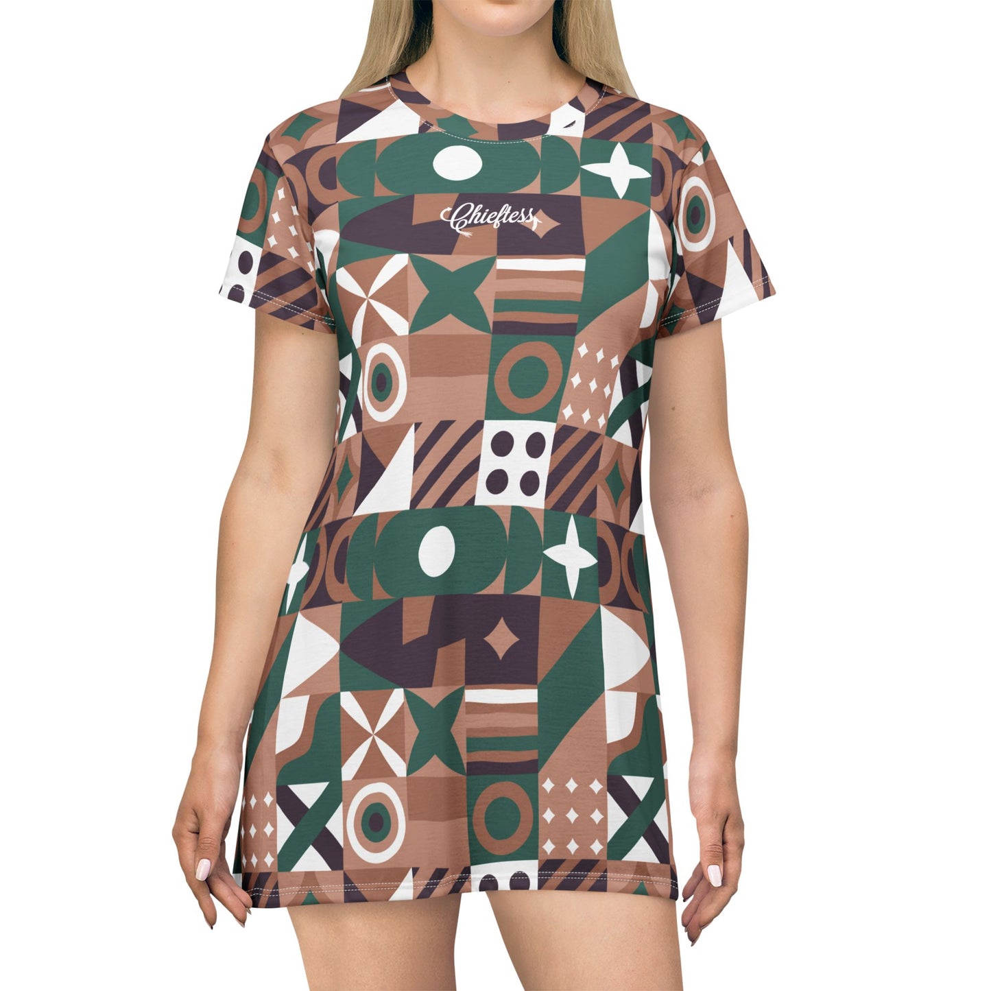 Chieftain Pattern T-Shirt Dress – Retro Earth Tone All-Over Print